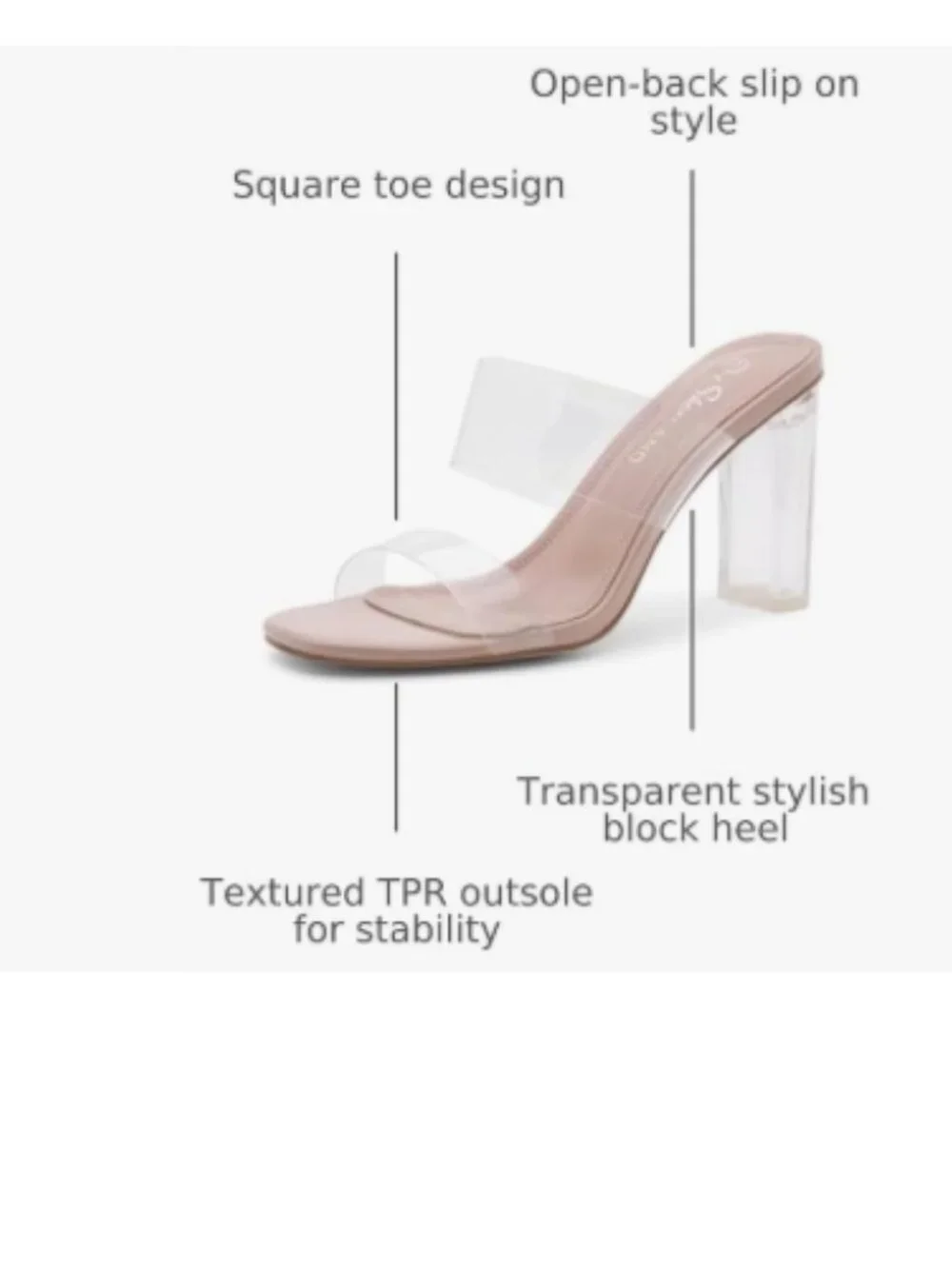 Clear Heels for Women, Transparent Two Strap Chunky Block High Heel Mules, Slip